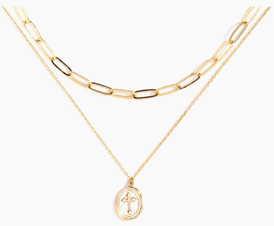 Oval Cross and Paper Clip Double Necklace
